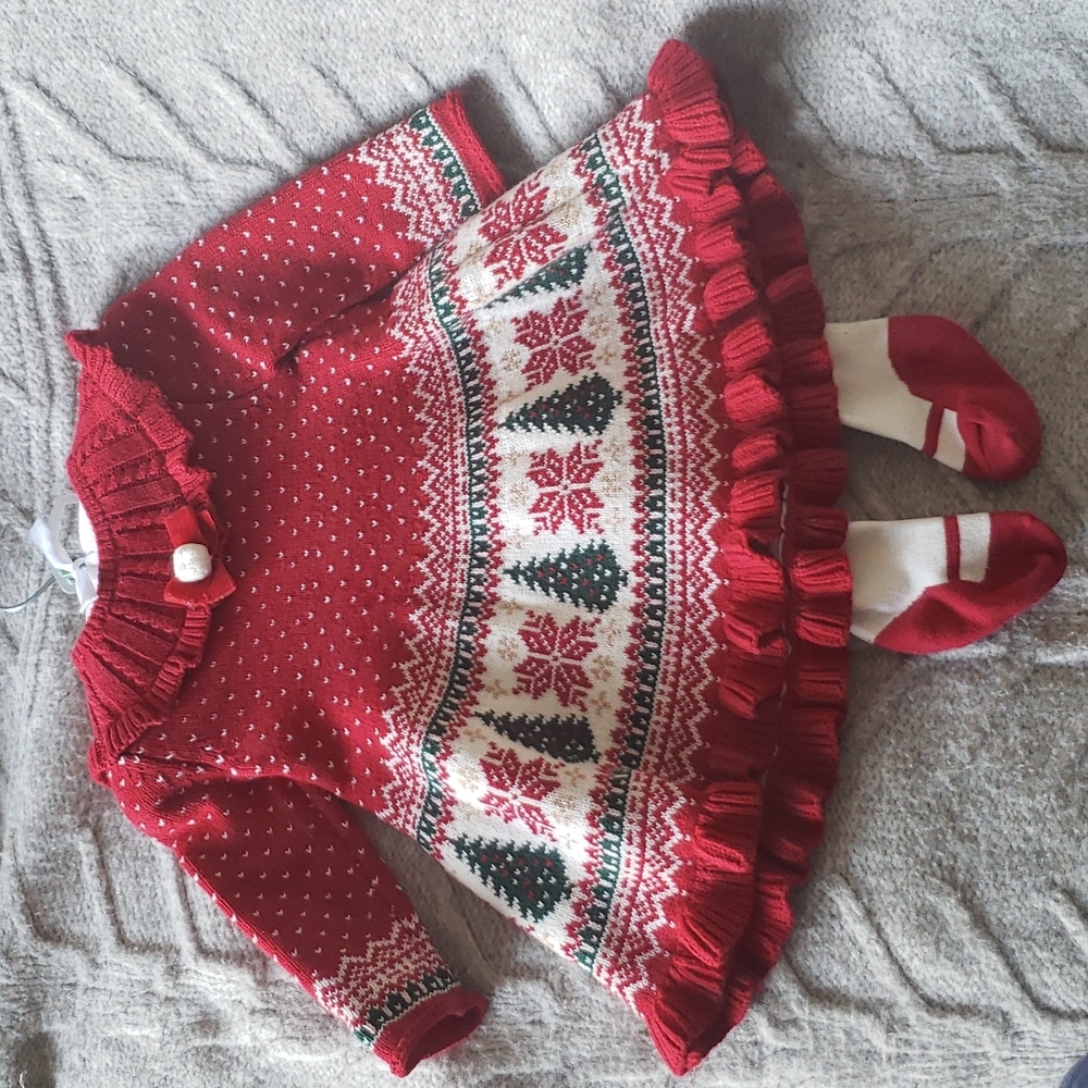 Tahari baby girl Christmas sweater dress w stockings size 3-6 m